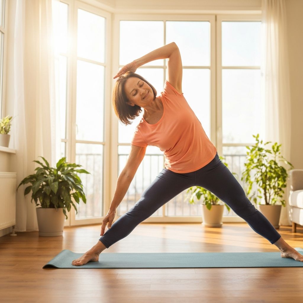 Person performing gentle stretching exercises at home